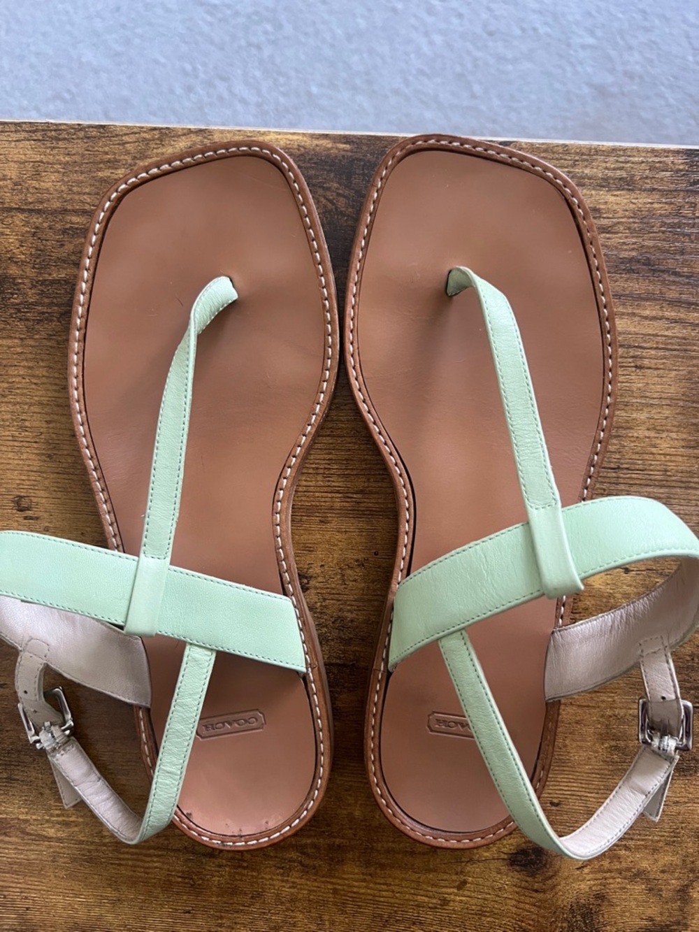 Coach Mint Green and Tan Leather T-Strap Sandals